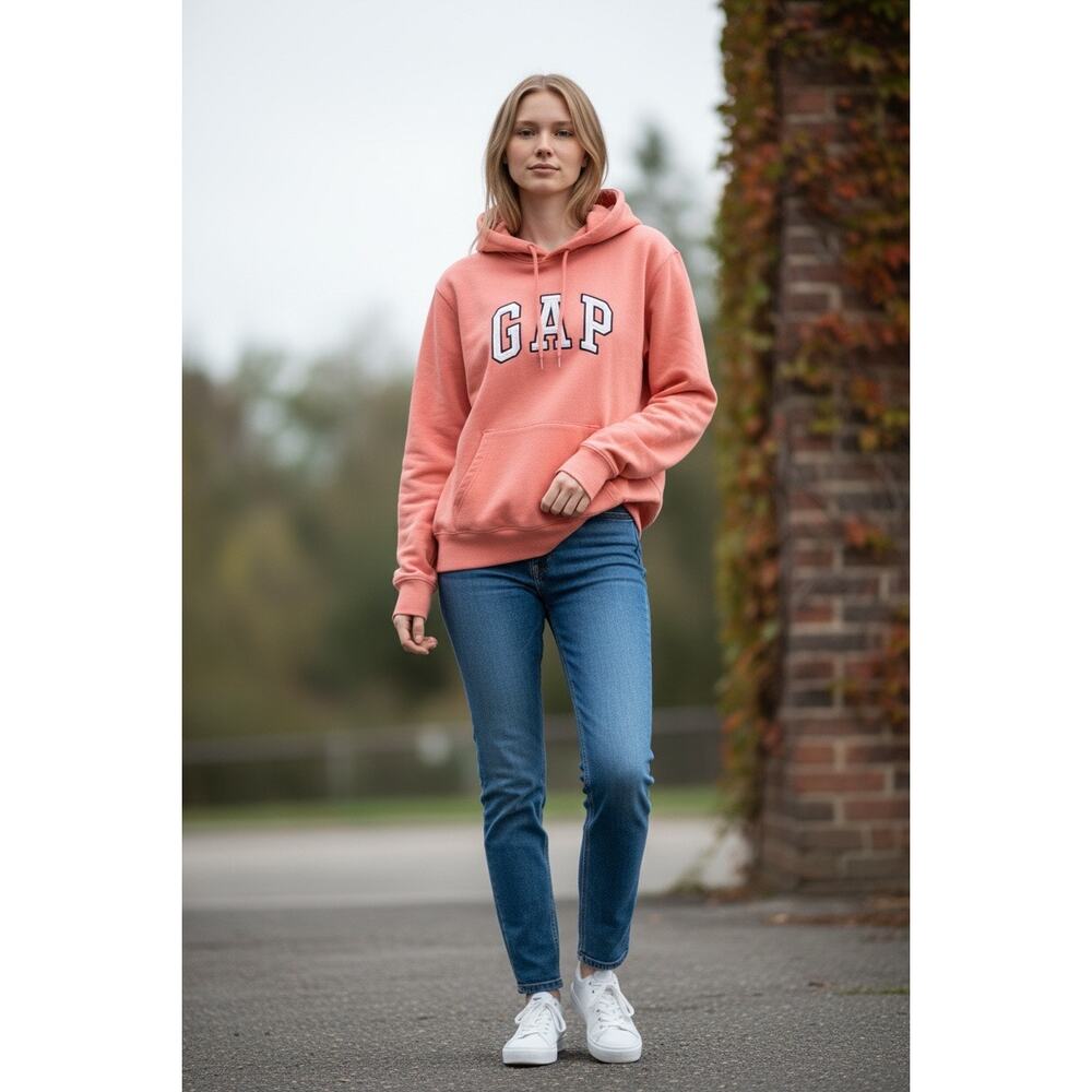 Vintage GAP Stretch Hoodie XL Coral Pink Logo Sweatshirt Retro Athleisure - Picture 5 of 12